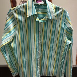 Foxcroft Striped Button Down Shirt in Blue, Yellow, and Green #231